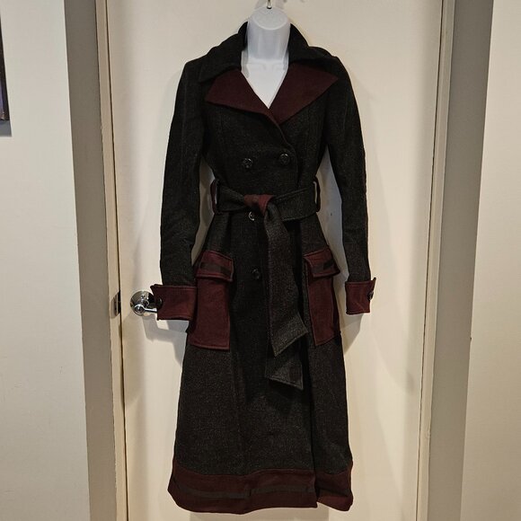 DVF Sabienne Trench / Pea Coat Maroon Gray, Belt, Cuffs & Pocket Accents, Size 4